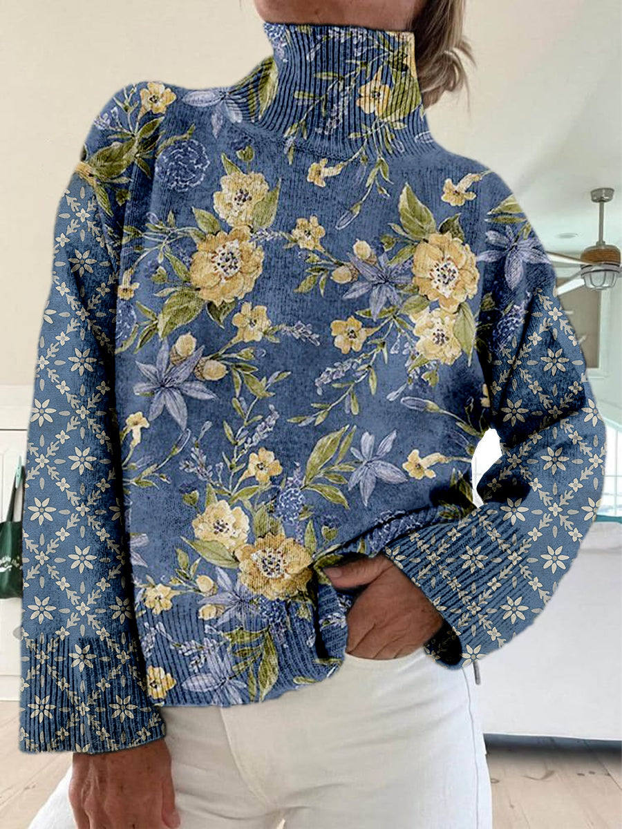 Retro Boho blomsterkunst trykt strikt Vintage turtlensjekk pullover, langærmet sweaterer