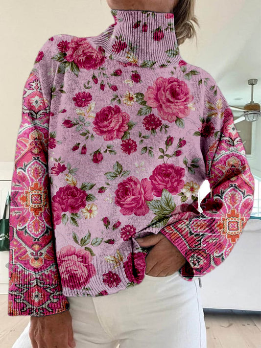 Retro Boho blomsterkunst trykt strikt Vintage turtlensjekk pullover, langærmet sweaterer