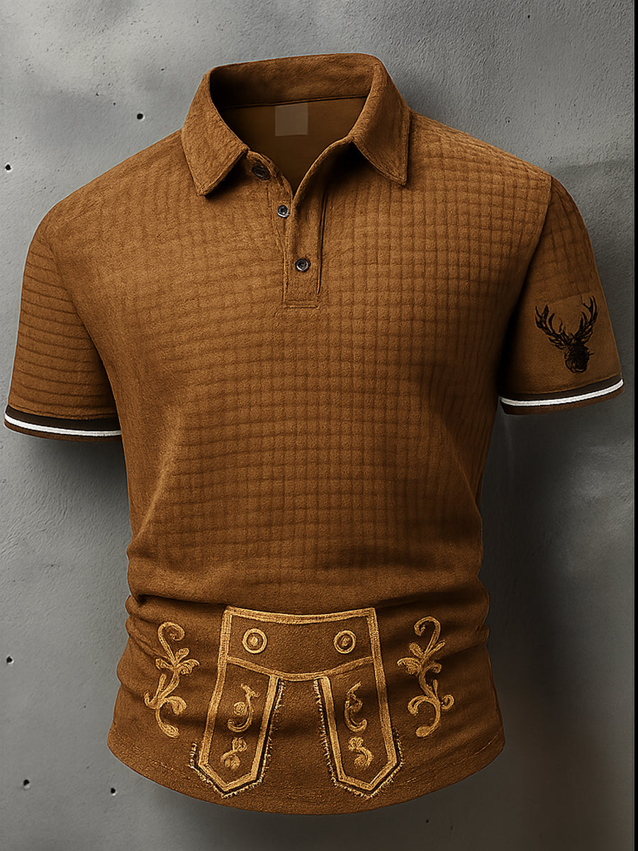 Retro Oktoberfest Deer Lederhosen Konstnärlig tryckt textur V-hals korta ärmar Polo-shirt