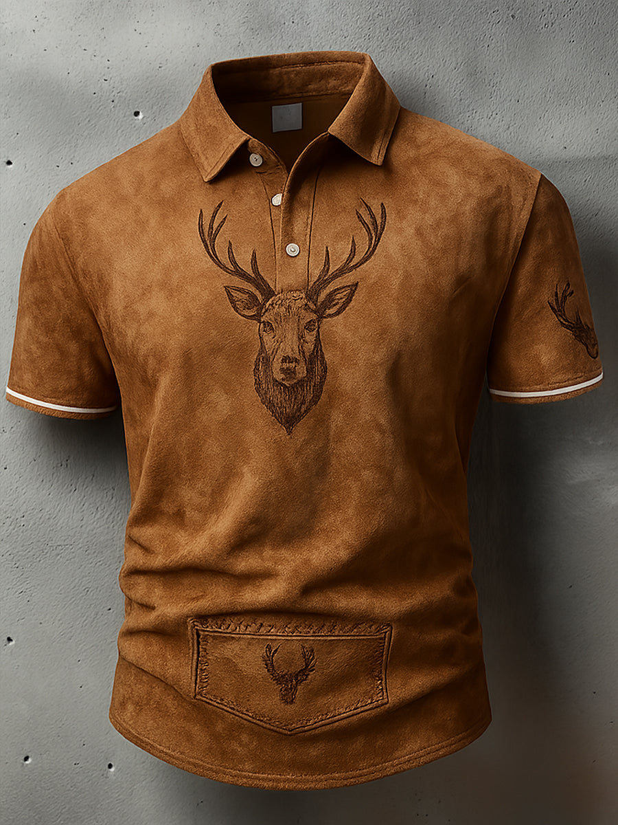 Retro Oktoberfest Deer Lederhosen Konstnärlig tryckt textur V-hals korta ärmar Polo-shirt