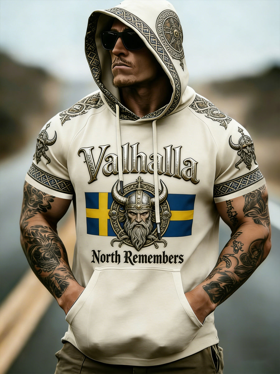 Mäns svenska Viking-stil Korta ärmar Huvade Topp