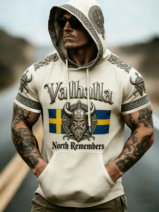 Mäns svenska Viking-stil Korta ärmar Huvade Topp