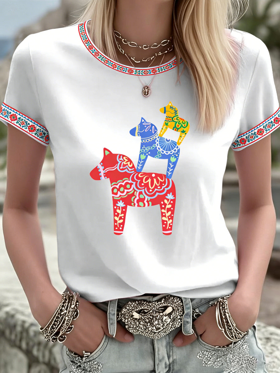 Damer Svensk Dalahäst Konst Tryckt T-shirt