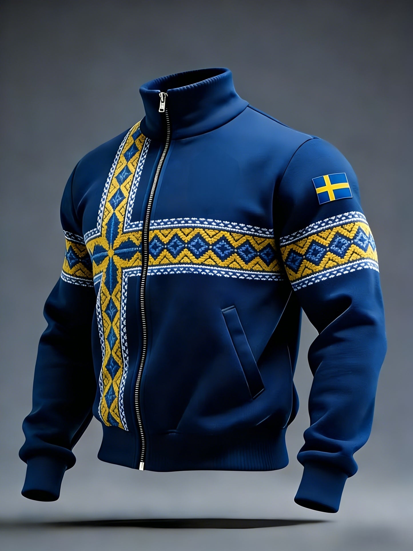 Retro viking svensk flaggmärke avslappnad sportig jacka med ståkrage