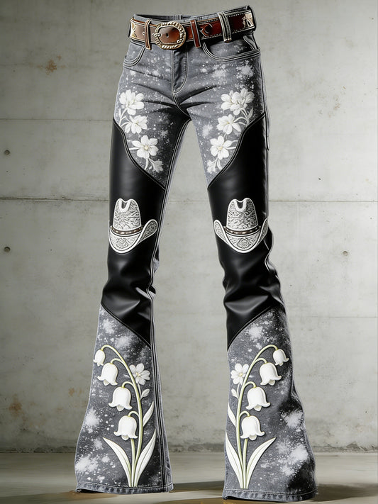 Damslaggbyxor med westernmotiv och blommor