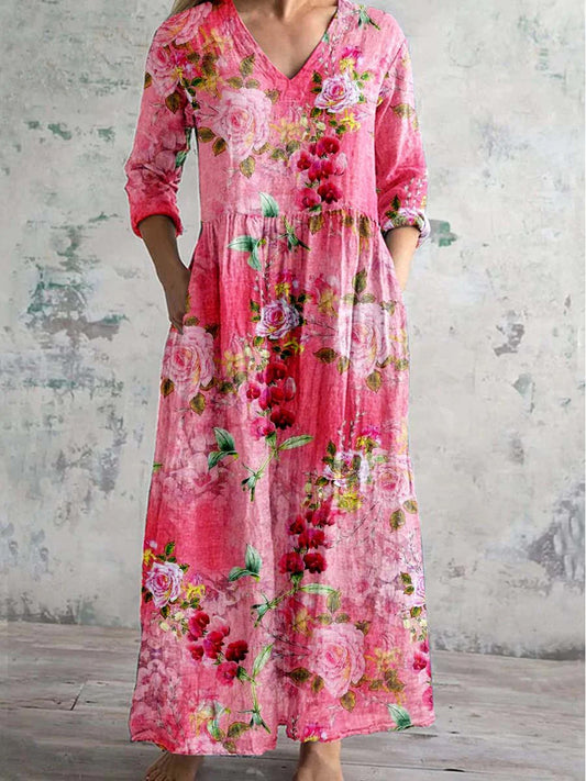 Vintage Floral Art Print Chic V hals tre kvarts ärm Elegant Midi Klänning