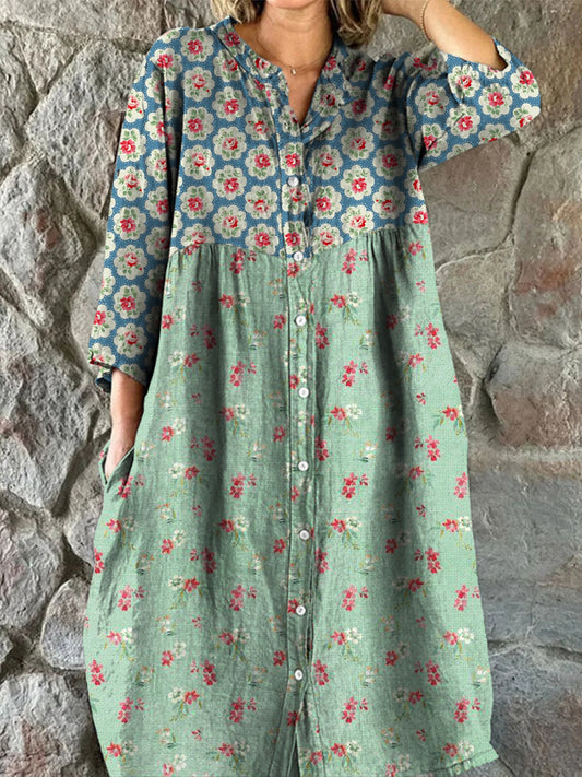 Retro Floral Art Print Vintage Chic V-Hack knapp upp lång ärm Midi klänning