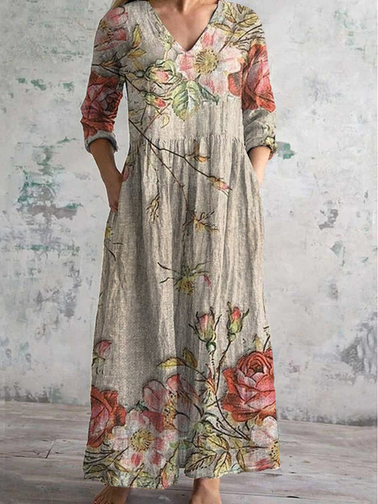 Vintage blomsterkonst utskrift Chic V-hals tre-kvartär ärm Elegant Midi klänning