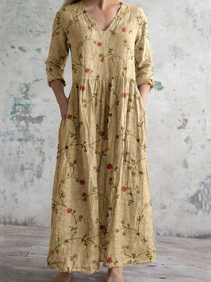 Vintage Floral Art Print Chic V-hals lång ärm Elegant Midi Klänning