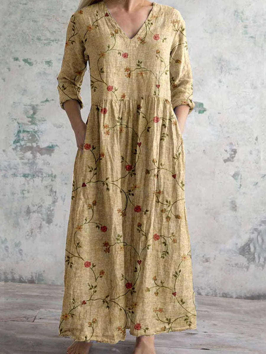 Vintage Floral Art Print Chic V-hals lång ärm Elegant Midi Klänning