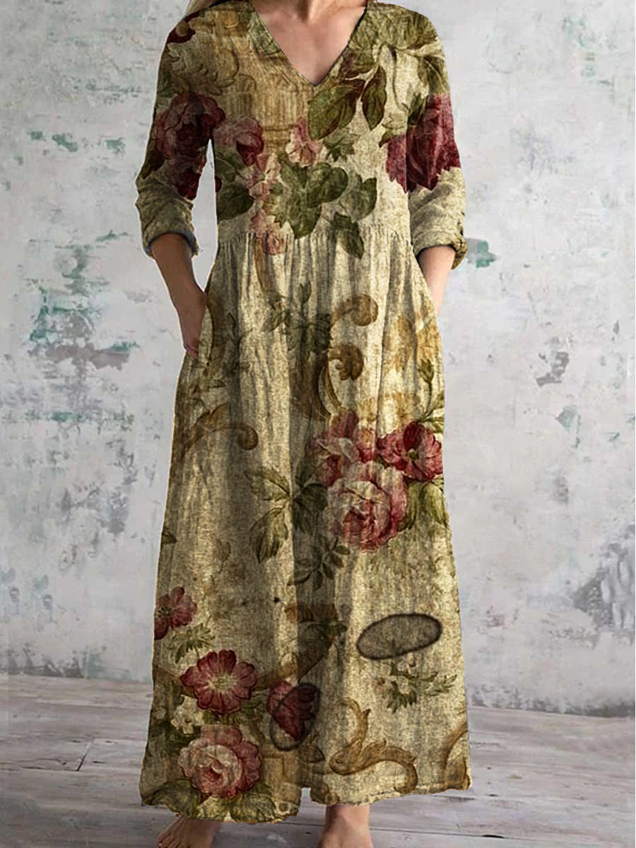 Vintage Floral konst tryckt Chic V-hals tre-kvartär ärm Elegant Midi klänning