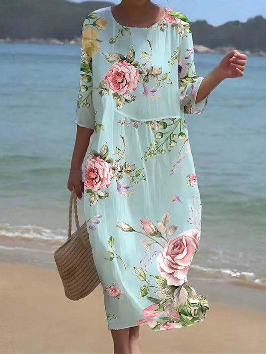 Kvinnors Retro Floral Art Skriv ut rund hals Maxi klänning