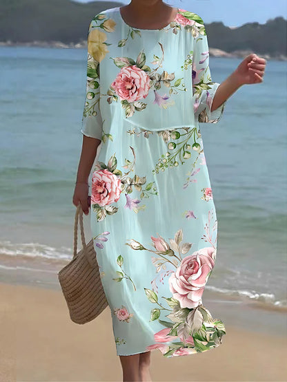 Kvinnors Retro Floral Art Skriv ut rund hals Maxi klänning