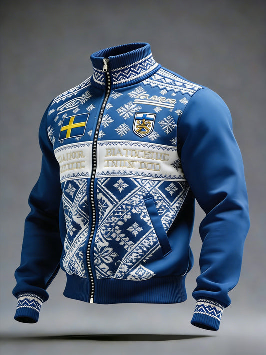 Retro viking svensk flaggmärke avslappnad sportig jacka med ståkrage