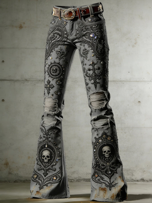 Kvinnors gotiska skull konst utskrift flasad byxor