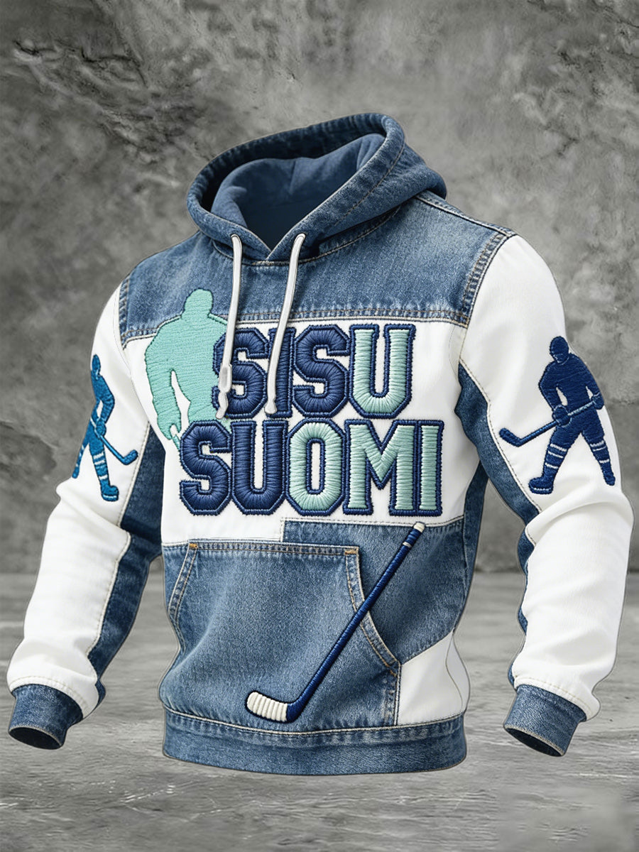 Miesten suomalainen Sisu Denim Patchwork Tulosta vapaa huppupaikka
