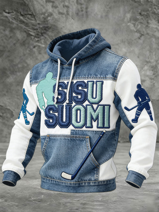 Miesten suomalainen Sisu Denim Patchwork Tulosta vapaa huppupaikka