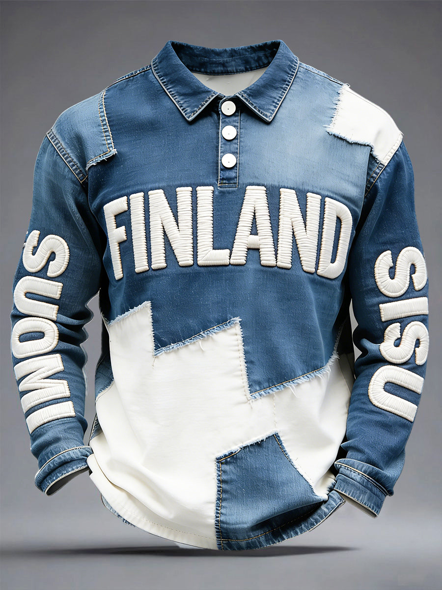 Miesten suomalainen Denim Patchwork Tulosta vapaa pitkähihaa Polopaita