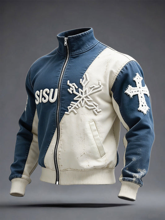 Miesten suomalainen SISU Lumihiutale 3D Patchwork Print Casual stand-Up Kaulus Zip-Up Takti