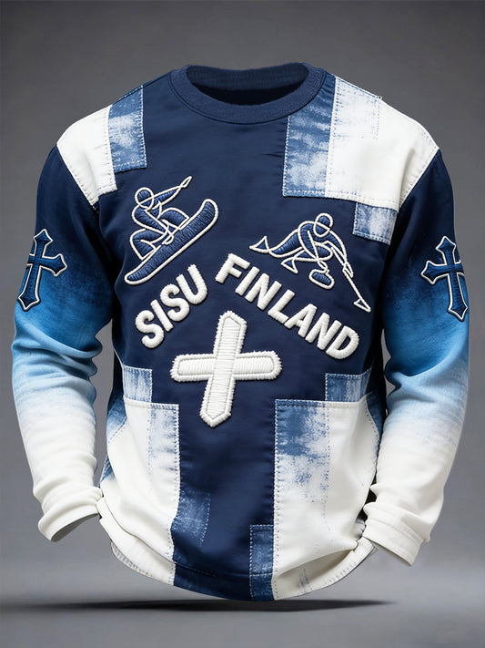 Miesten suomalainen urheilu Tulosta Patchwork Casual Pitkähiha T-paiti