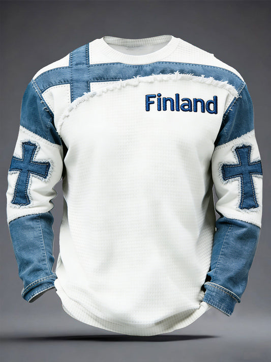 Miesten Suomi Lippu Patchwork 3D Tulosta vapaa pitkähihais T-paiti