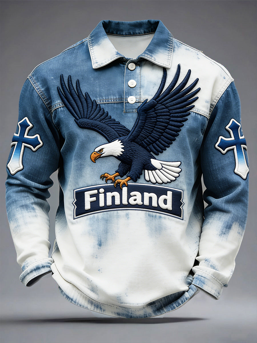 Miesten suomalainen kotkanpaita Denim-tyylinen Casual LongSleeved Polo-paita
