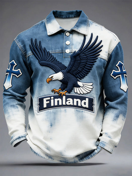 Miesten suomalainen kotkanpaita Denim-tyylinen Casual LongSleeved Polo-paita