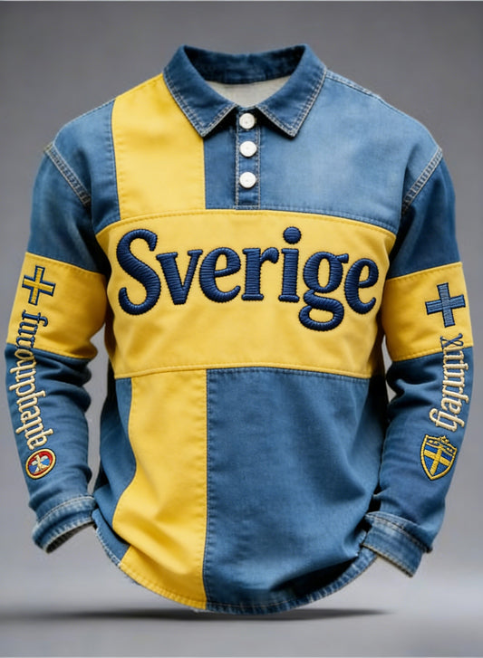 Retro Viking Svenska Flaggbricka Casual Långärm Polo tröj