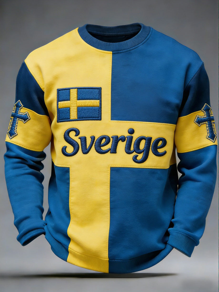 Mäns Retro Viking Svenska Flaggbricka Casual Långärm Sweatshirt