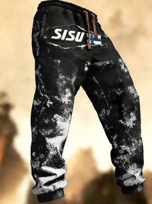 Miesten suomalainen Sisu Tulosta Vintage Musta ja valkoinen Casual housut.