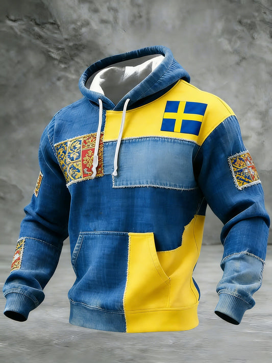 Retro Viking Swedish Flaggmärke Casual Långärm Huvad