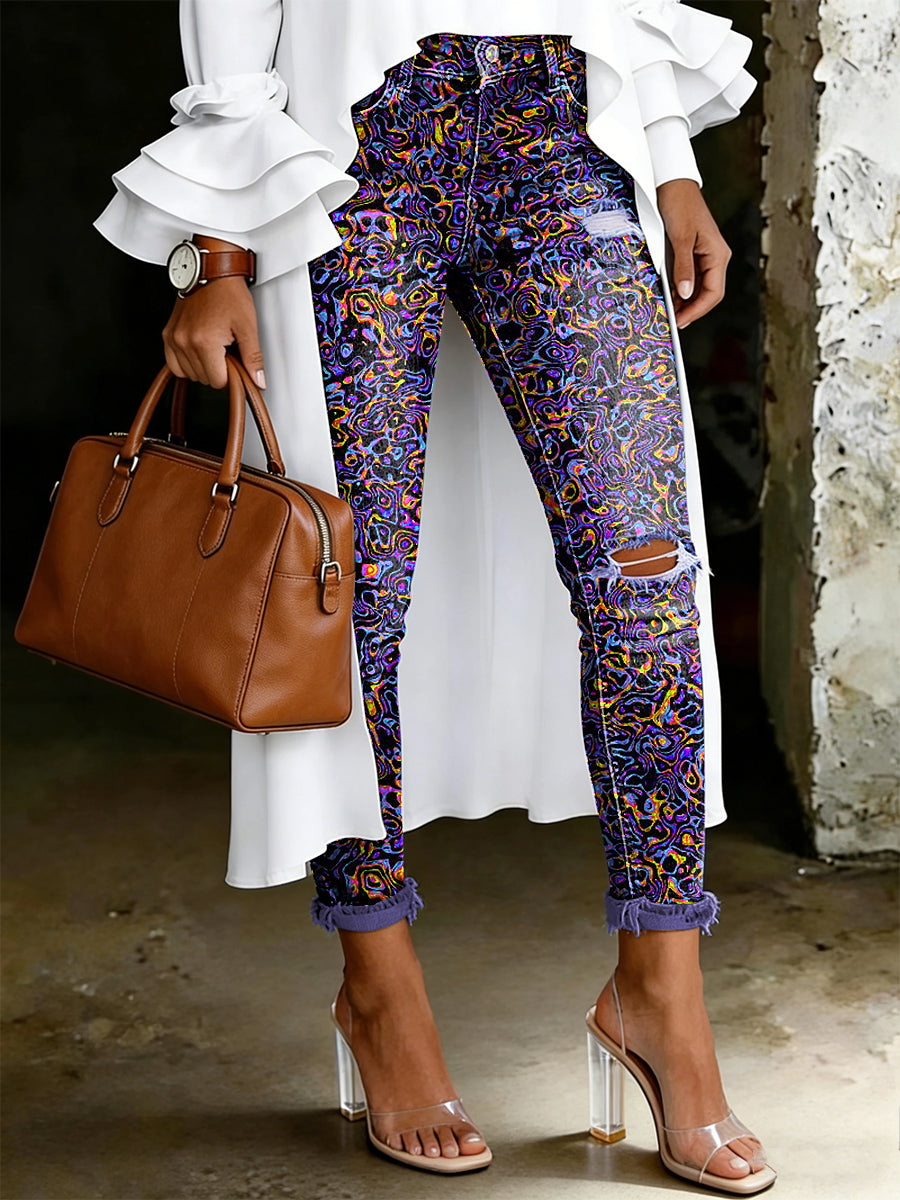 Damsjeans med artistisk blommönster