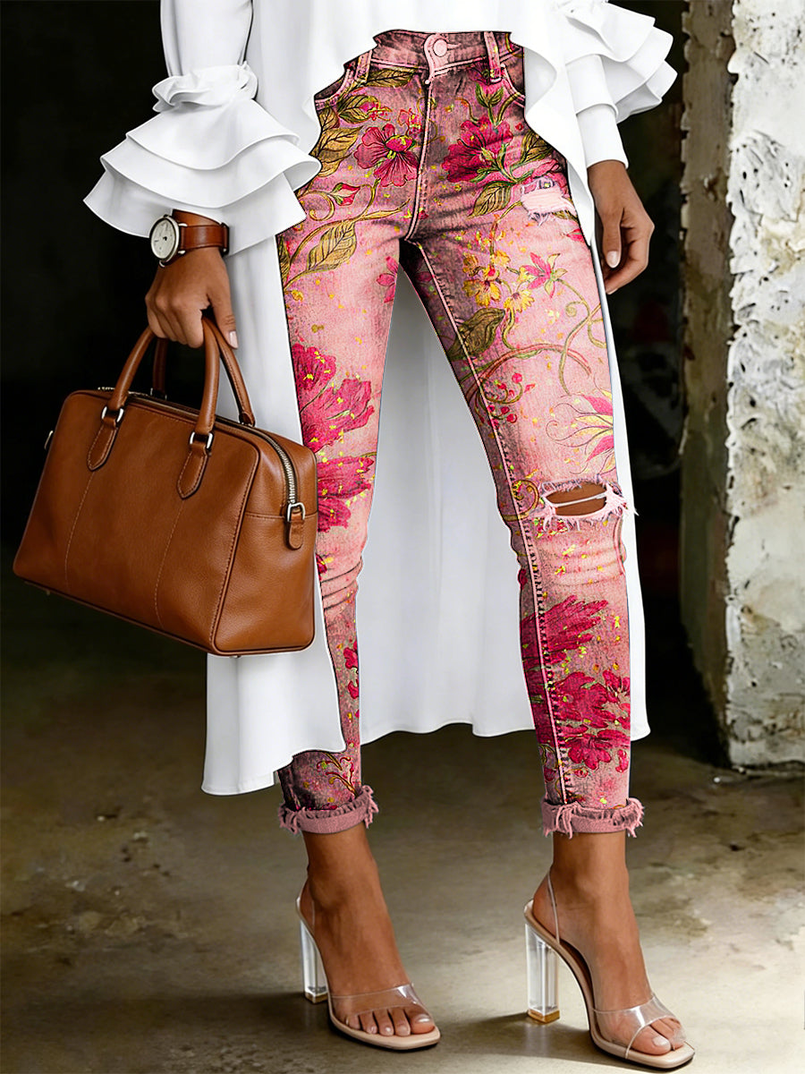 Damsjeans med artistisk blommönster