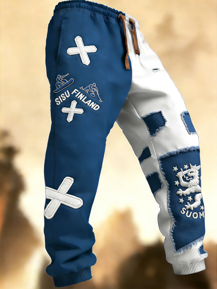 Miesten Suomi Tatterid Patchwork Tulosta Sattuneita neulehousut housut Pöksyt