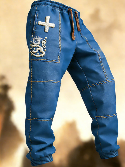 Miesten sininen suomalainen patchwork Print Casual housut: