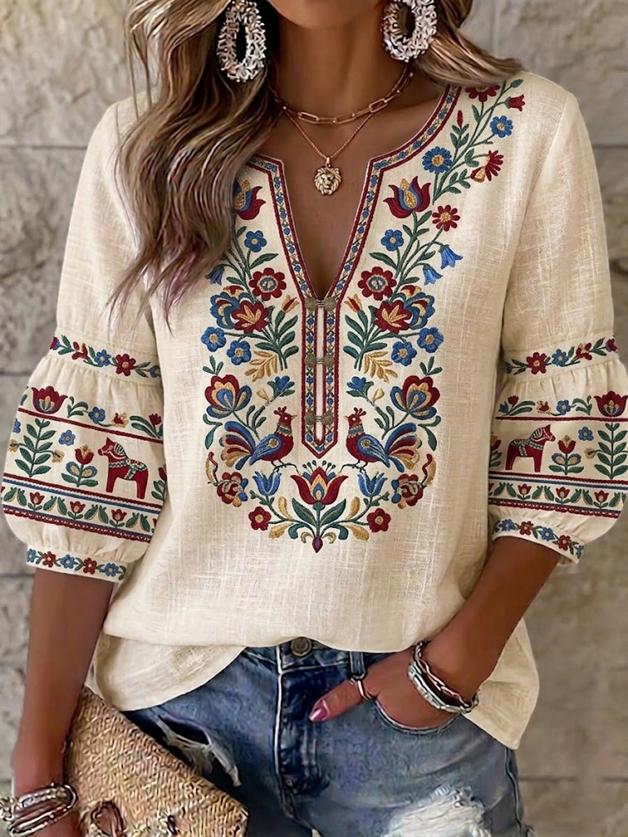Dams retro svensk midsommarfolkstil blus i bomull-linne med blommönster