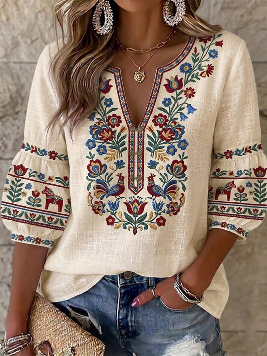 Dams retro svensk midsommarfolkstil blus i bomull-linne med blommönster