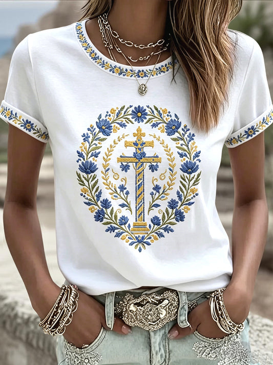 Damsommarblomsterkonstavslappad t-shirt