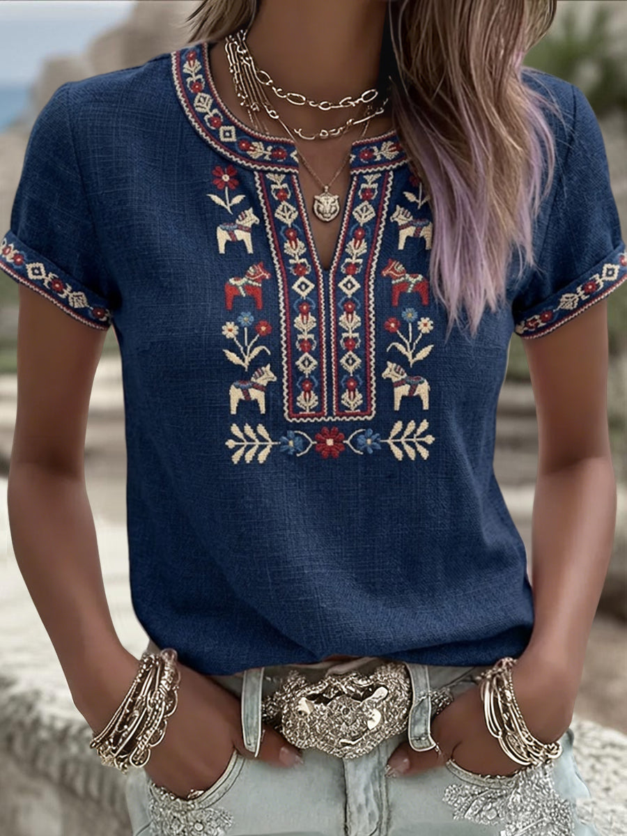 Dams retro svensk midsommarblommig patchwork-löpare casual t-shirt