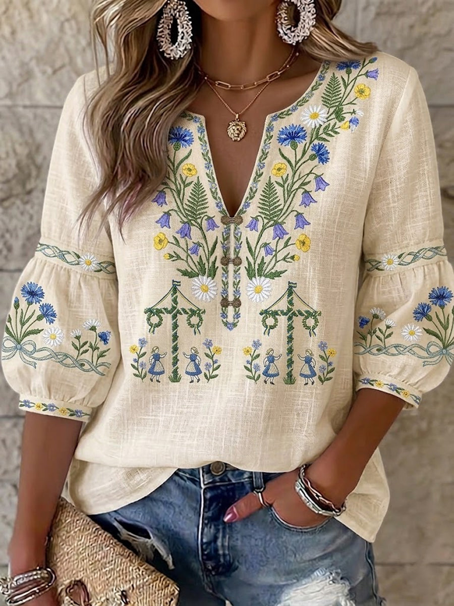 Dams vintage svensk midsommarblus i bomull-linne med blommönster