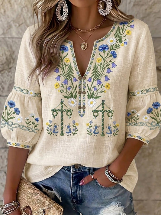 Dams vintage svensk midsommarblus i bomull-linne med blommönster
