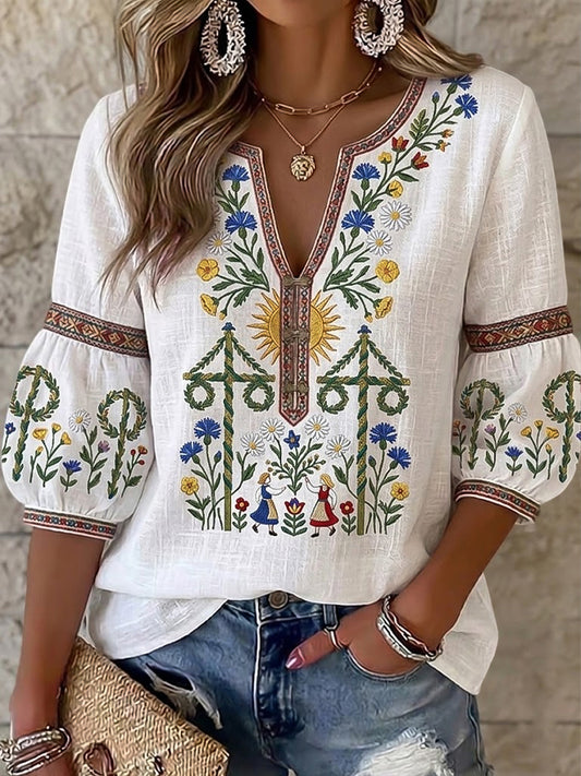 Dams asymmetriskt fritids-T-shirt med V-ringning, inspirerat av midsommar