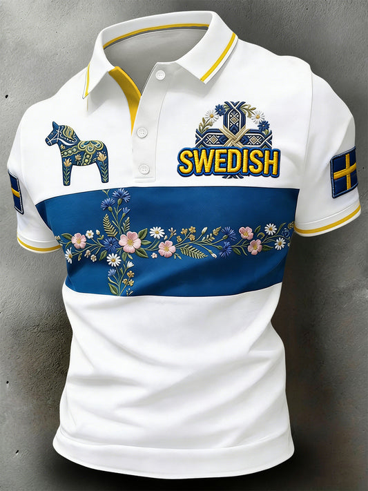 Retro svensk midsommarblommig lapptäcksstil avslappnad polotröja
