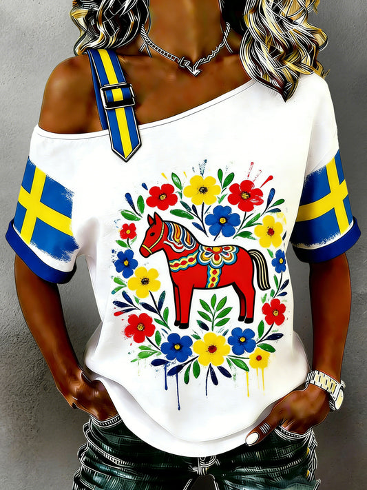Kvinnors svensk-stil Dala Häst Tryck T-shirt