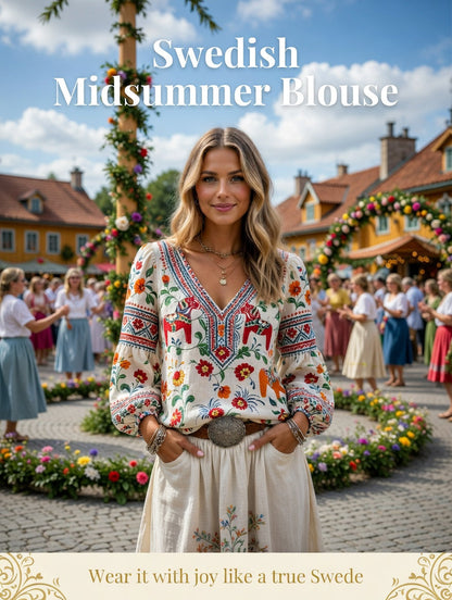 Dams midsommarfest etniskt mönster ledig puffärms-topp med v-ringning