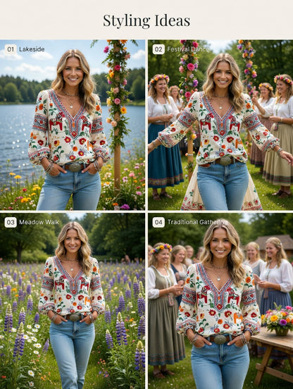 Dams midsommarfest etniskt mönster ledig puffärms-topp med v-ringning