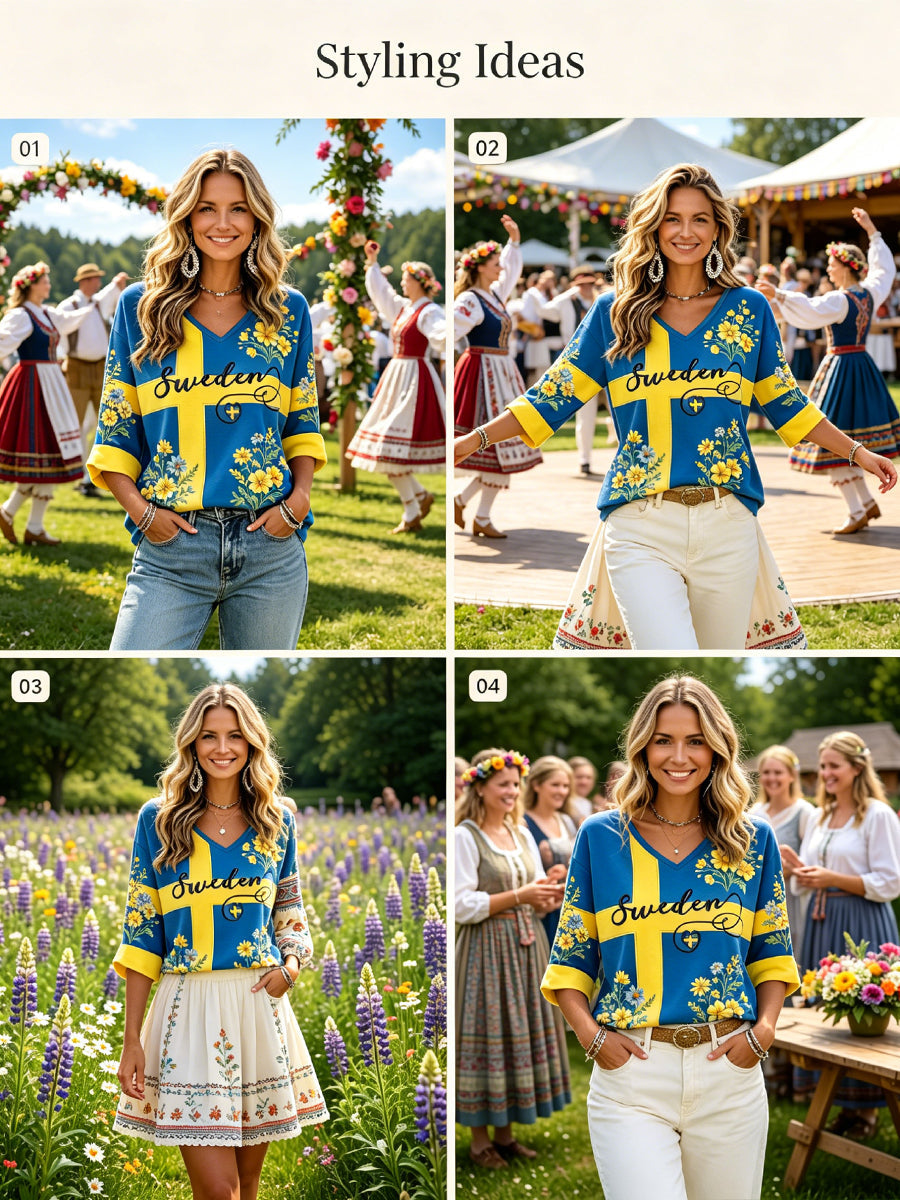 Dams midsommarfest etniskt tryckt avslappnad topp med V-ringning