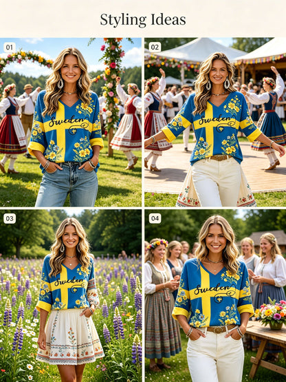Dams midsommarfest etniskt tryckt avslappnad topp med V-ringning