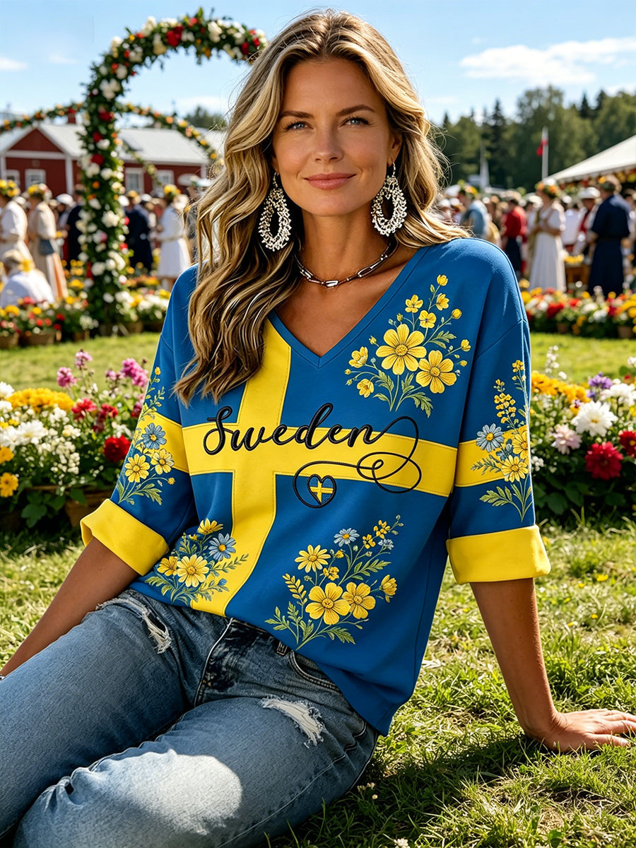 Dams midsommarfest etniskt tryckt avslappnad topp med V-ringning