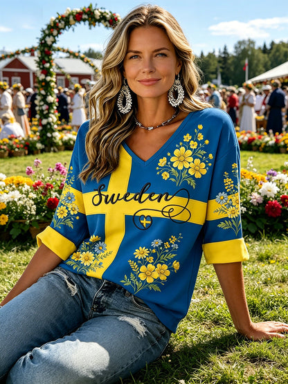 Dams midsommarfest etniskt tryckt avslappnad topp med V-ringning